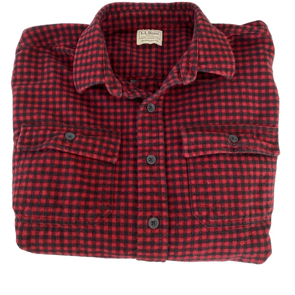 LL Bean Mens Red &Black Flannel LS Shirt Traditional Fit Thick, Tag Cut Out Lge